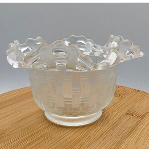 Vintage Fenton Crystal Velvet Frosted Basketweave Open Edge Ruffled Bowl 1970s